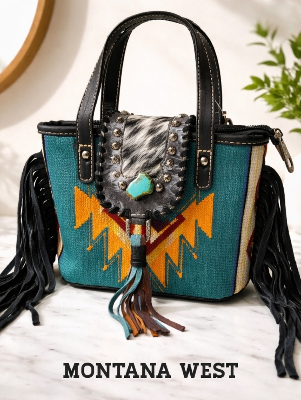Montana West Cowhide Aztec Small Tote With detachable Crossbody Bag strap